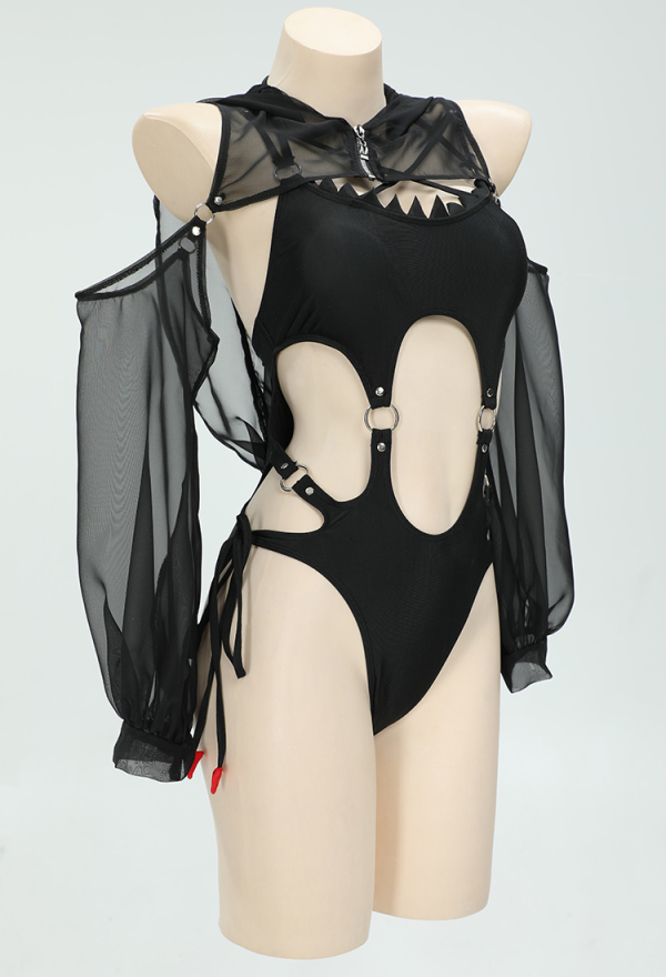 Gothic Devil Style One-Piece Swimsuit Black Halter Hollow Bathing Suit and Semi-Transparent Cover-Up Gothic Devil Style One-Piece Swimsuit Black Halter Hollow Bathing Suit and Semi-Transparent Cover-Up