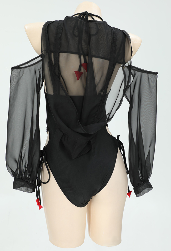 Gothic Devil Style One-Piece Swimsuit Black Halter Hollow Bathing Suit and Semi-Transparent Cover-Up Gothic Devil Style One-Piece Swimsuit Black Halter Hollow Bathing Suit and Semi-Transparent Cover-Up