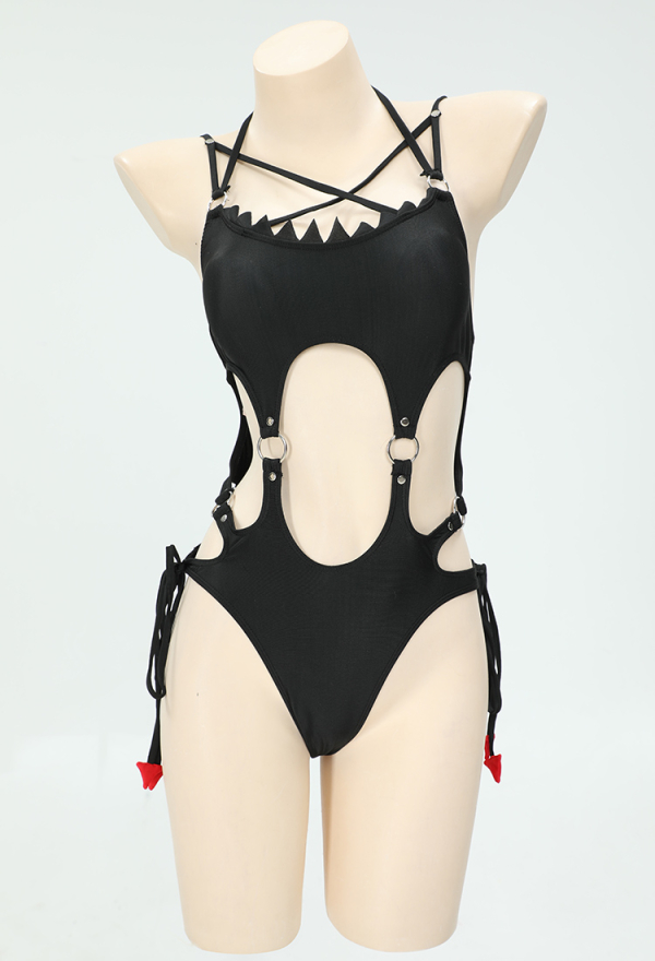 Gothic Devil Style One-Piece Swimsuit Black Halter Hollow Bathing Suit and Semi-Transparent Cover-Up Gothic Devil Style One-Piece Swimsuit Black Halter Hollow Bathing Suit and Semi-Transparent Cover-Up