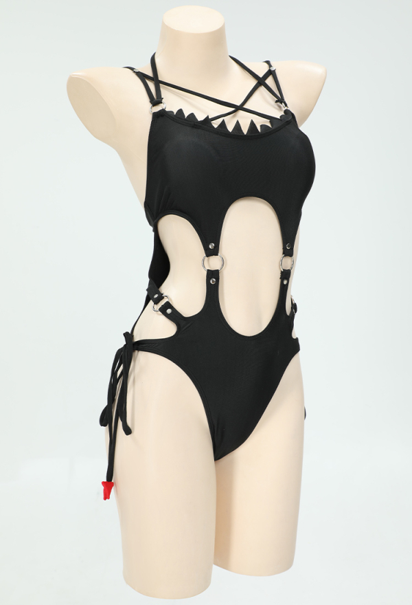 Gothic Devil Style One-Piece Swimsuit Black Halter Hollow Bathing Suit and Semi-Transparent Cover-Up Gothic Devil Style One-Piece Swimsuit Black Halter Hollow Bathing Suit and Semi-Transparent Cover-Up
