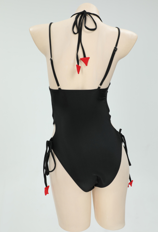 Gothic Devil Style One-Piece Swimsuit Black Halter Hollow Bathing Suit and Semi-Transparent Cover-Up Gothic Devil Style One-Piece Swimsuit Black Halter Hollow Bathing Suit and Semi-Transparent Cover-Up