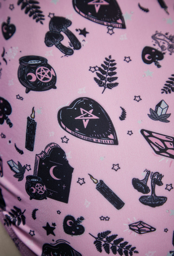 Haunted Soul Gothic Black Pink Witch One-Piece Swimsuit Dark Style Print Drawstring Bathing Suit Haunted Soul Gothic Black Pink Witch One-Piece Swimsuit Dark Style Print Drawstring Bathing Suit