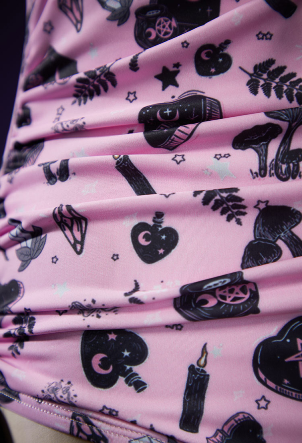 Haunted Soul Gothic Black Pink Witch One-Piece Swimsuit Dark Style Print Drawstring Bathing Suit Haunted Soul Gothic Black Pink Witch One-Piece Swimsuit Dark Style Print Drawstring Bathing Suit