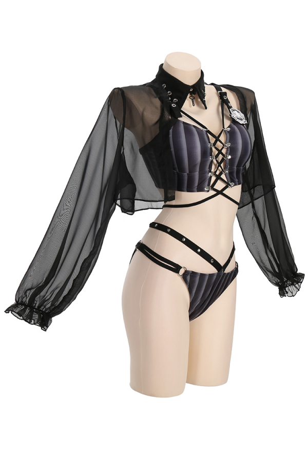 Goth Girl Gothic Polyester Black  Drawstring Decoration Two-Piece Swimsuit with Cover-up