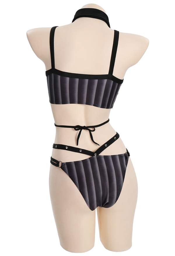 Goth Girl Gothic Polyester Black  Drawstring Decoration Two-Piece Swimsuit with Cover-up