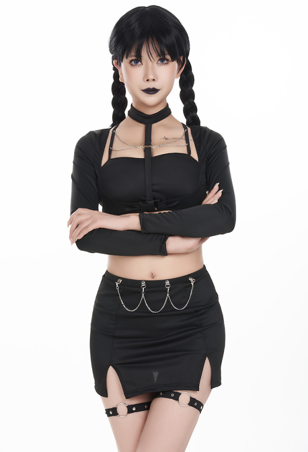 Goth Girl Cutout Black Two Piece Swimsuit With Leg Strap Goth Girl Cutout Black Two Piece Swimsuit With Leg Strap