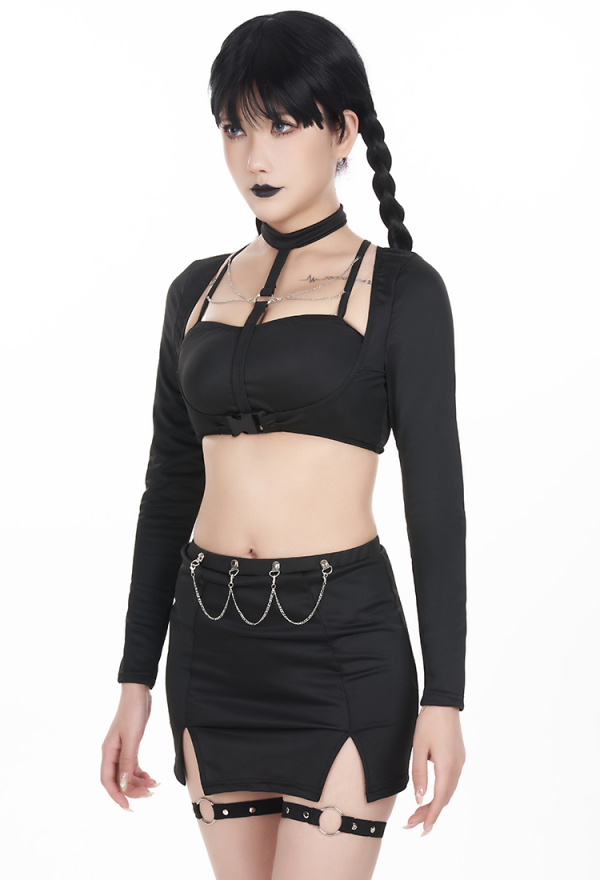 Goth Girl Cutout Black Two Piece Swimsuit With Leg Strap Goth Girl Cutout Black Two Piece Swimsuit With Leg Strap
