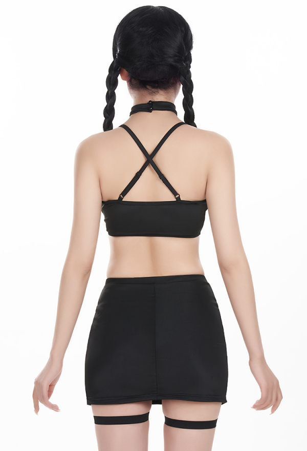 Goth Girl Cutout Black Two Piece Swimsuit With Leg Strap Goth Girl Cutout Black Two Piece Swimsuit With Leg Strap
