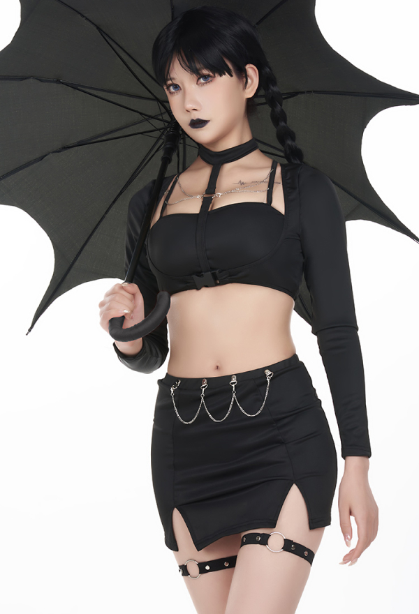 Goth Girl Cutout Black Two Piece Swimsuit With Leg Strap Goth Girl Cutout Black Two Piece Swimsuit With Leg Strap