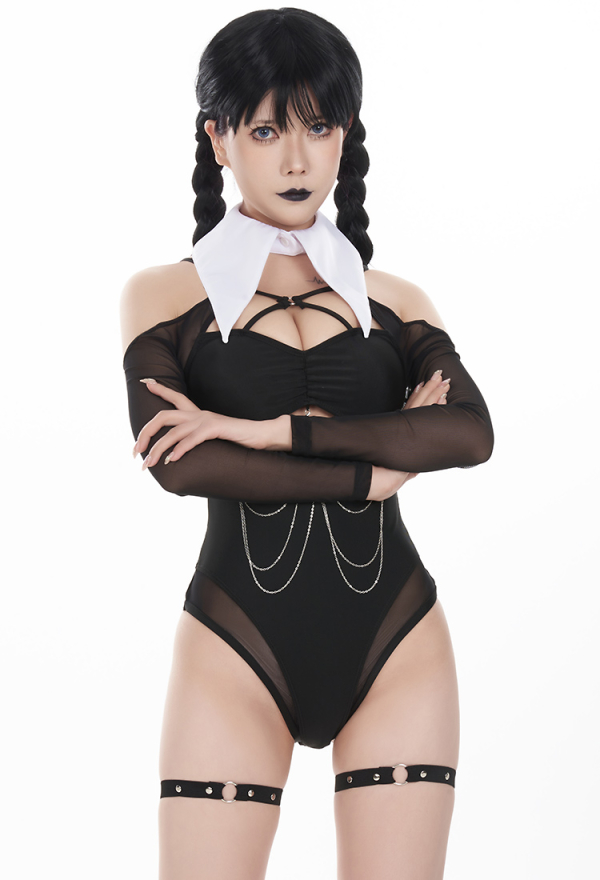 Goth Girl Gothic Cutout Black One-Piece Swimsuit With Leg Strap And Collar Goth Girl Gothic Cutout Black One-Piece Swimsuit With Leg Strap And Collar
