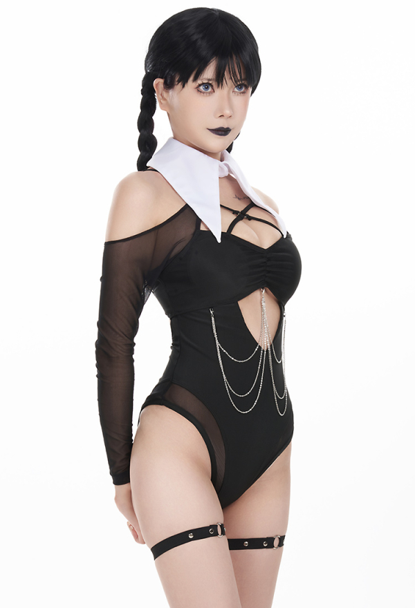 Goth Girl Gothic Cutout Black One-Piece Swimsuit With Leg Strap And Collar Goth Girl Gothic Cutout Black One-Piece Swimsuit With Leg Strap And Collar