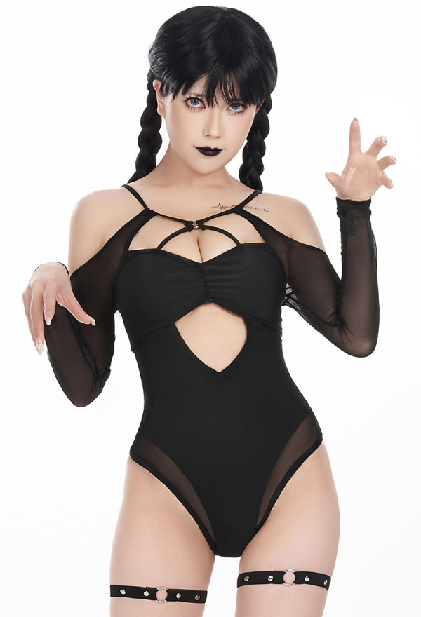 Goth Girl Gothic Cutout Black One-Piece Swimsuit With Leg Strap And Collar Goth Girl Gothic Cutout Black One-Piece Swimsuit With Leg Strap And Collar