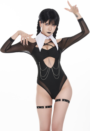 Goth Girl Gothic Cutout Black One-Piece Swimsuit With Leg Strap And Collar