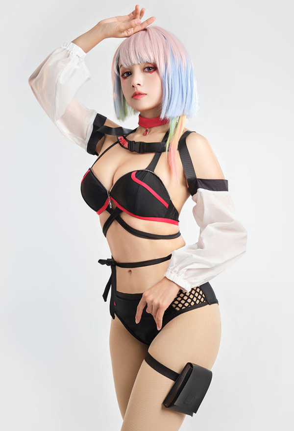 Cyberpunk Girl Sexy Lace-up Two-Piece Swimsuits with Choker and Cover-up