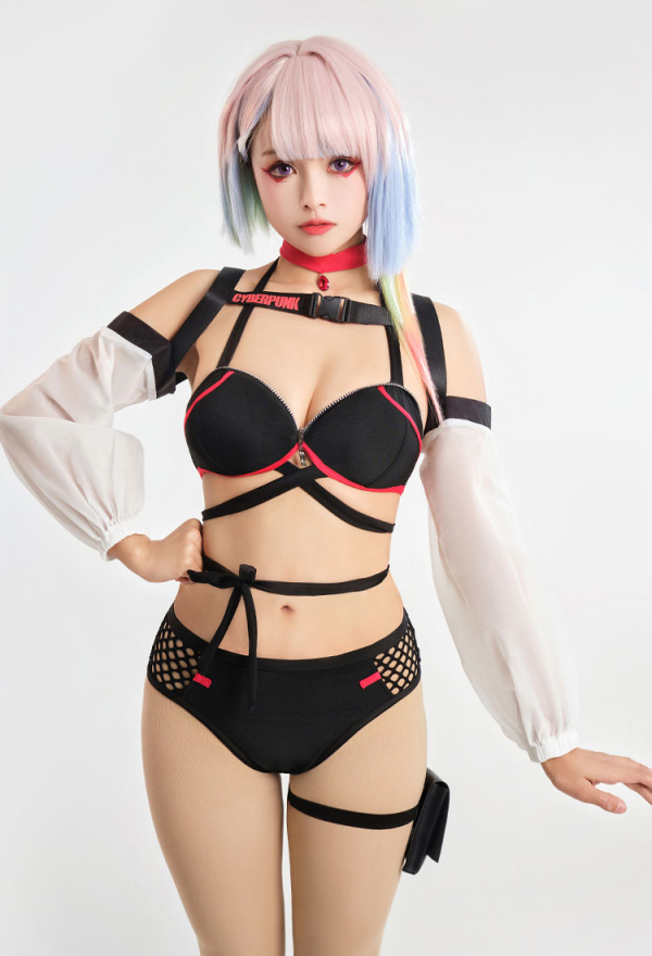 Cyberpunk Girl Sexy Lace-up Two-Piece Swimsuits with Choker and Cover-up
