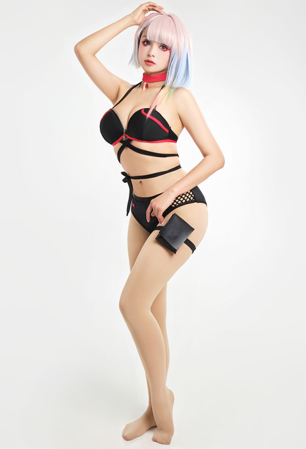 Cyberpunk Girl Sexy Lace-up Two-Piece Swimsuits with Choker and Cover-up