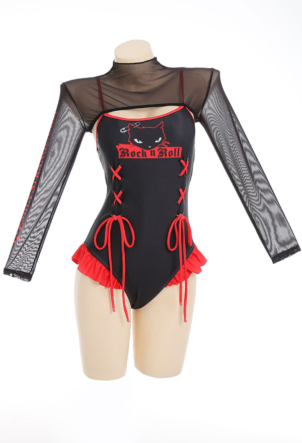 Emily the Strange Black Fantasy One-Piece Swimsuit Print Lace-up Ruffled Bathing Suit With Mesh Shrug Cover Up