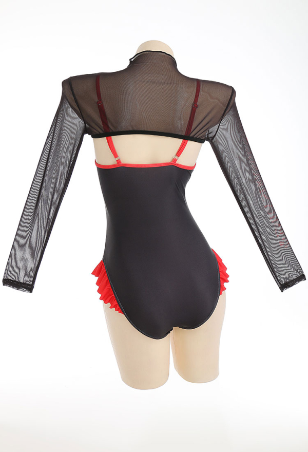 Emily the Strange Black Fantasy One-Piece Swimsuit Print Lace-up Ruffled Bathing Suit With Mesh Shrug Cover Up