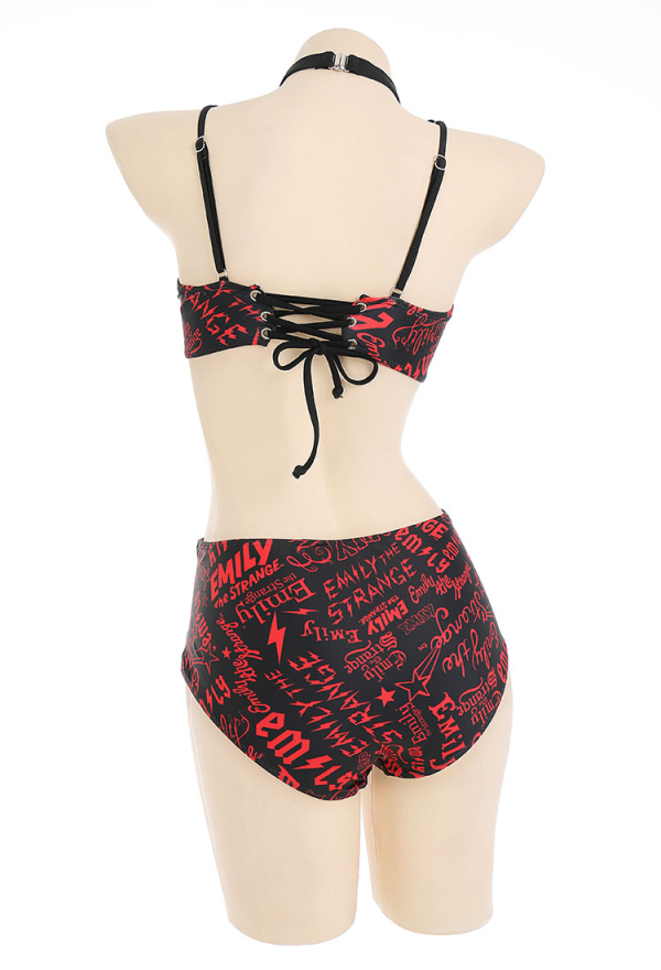 Emily the Strange Shadow Chic Two-Piece Swimsuit Print Halter Pentagram Top and Lace-up Bottom