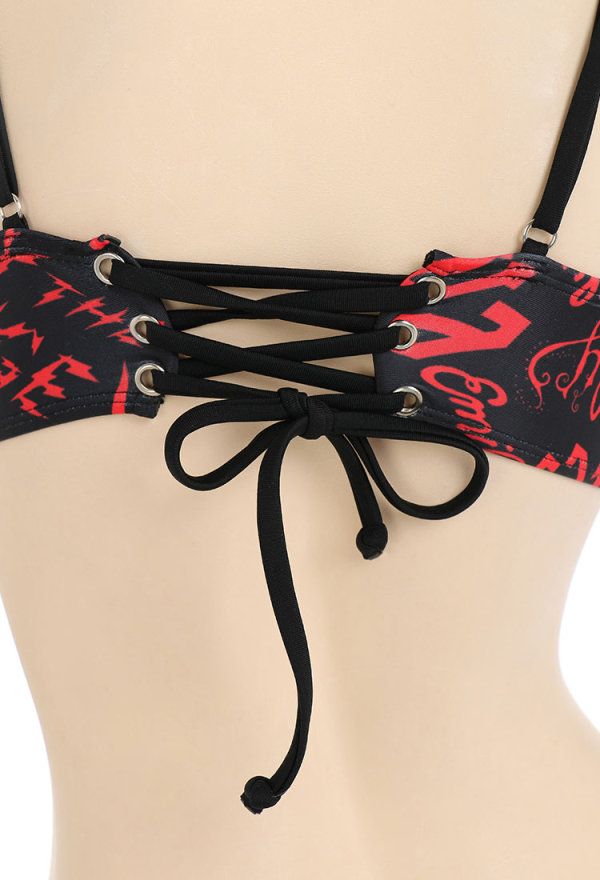 Emily the Strange Shadow Chic Two-Piece Swimsuit Print Halter Pentagram Top and Lace-up Bottom