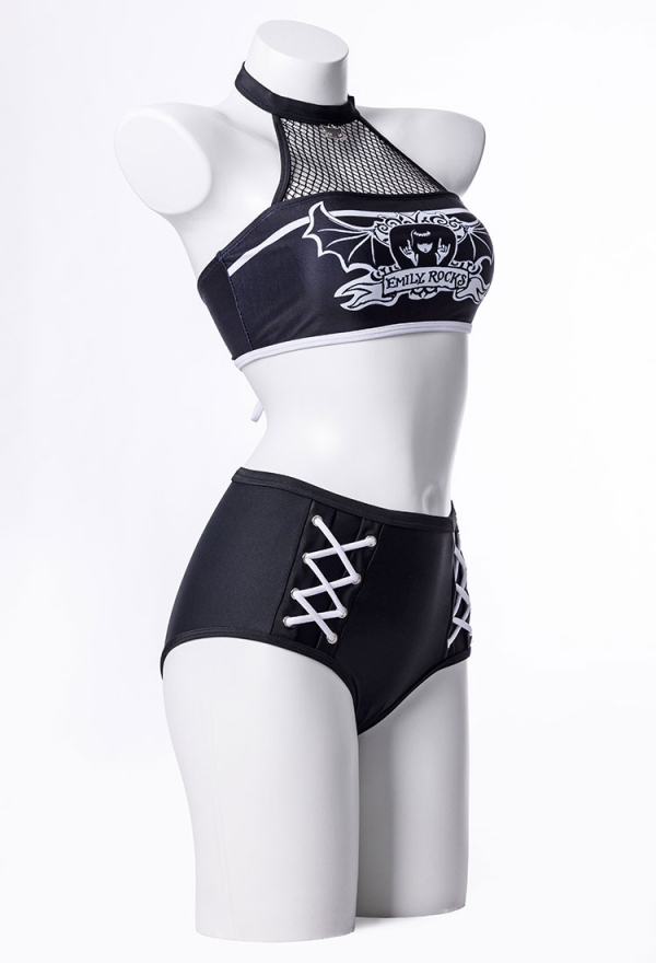 Emily the Strange Emily's Whimsy Two-Piece Swimsuit Print Halter Top and High Waist Bottom