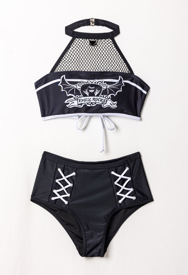 Emily the Strange Emily's Whimsy Two-Piece Swimsuit Print Halter Top and High Waist Bottom