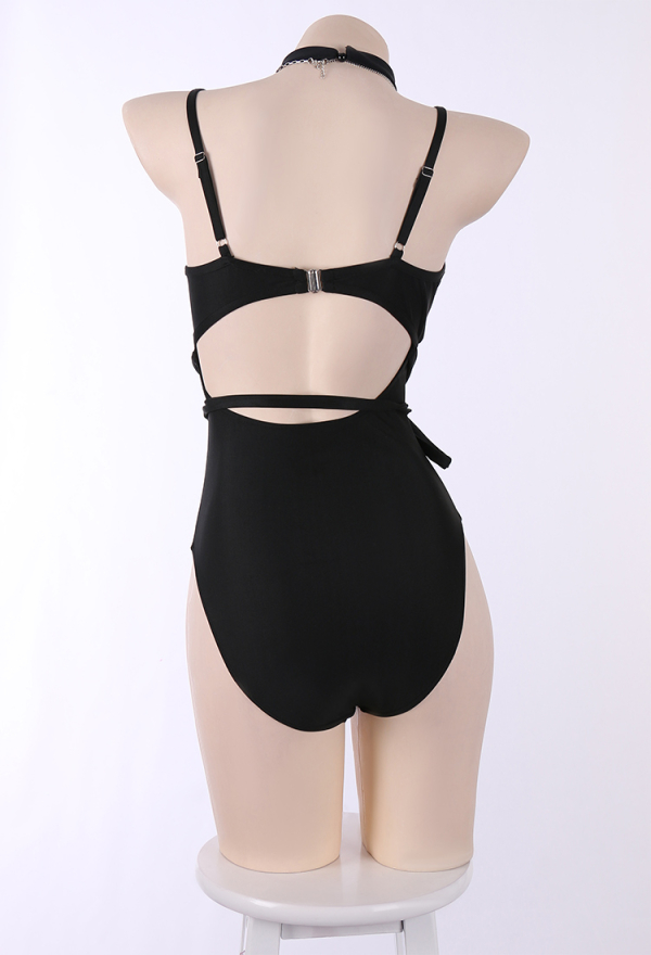 Gothic Butterfly Cutout Black Drawstring One-Piece Swimsuit with Choker and Necklace Gothic Butterfly Cutout Black Drawstring One-Piece Swimsuit with Choker and Necklace