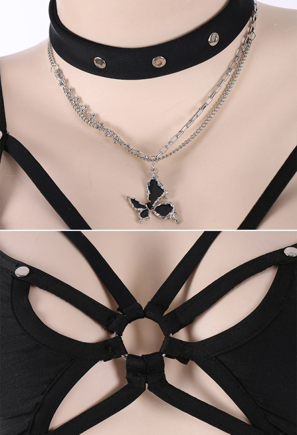 Gothic Butterfly Cutout Black Drawstring One-Piece Swimsuit with Choker and Necklace Gothic Butterfly Cutout Black Drawstring One-Piece Swimsuit with Choker and Necklace