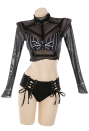 Nightmare Gothic White Striped Top Black Two-Piece Swimsuit with Mesh Top