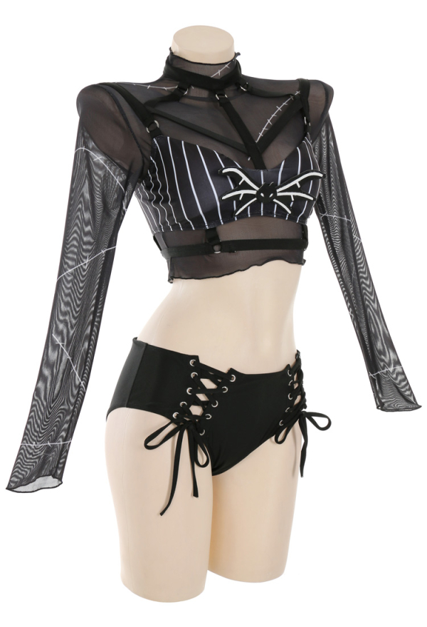 Nightmare Gothic White Striped Top Black Two-Piece Swimsuit with Mesh Top Nightmare Gothic White Striped Top Black Two-Piece Swimsuit with Mesh Top