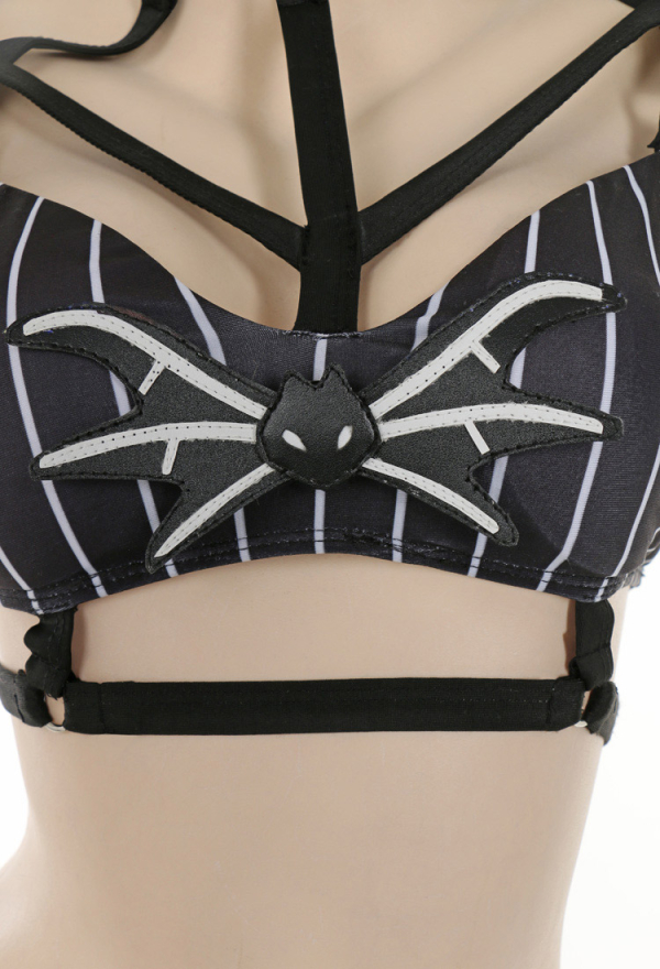 Nightmare Gothic White Striped Top Black Two-Piece Swimsuit with Mesh Top Nightmare Gothic White Striped Top Black Two-Piece Swimsuit with Mesh Top