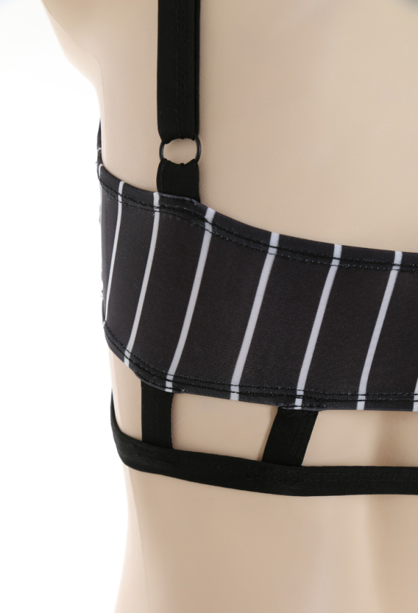 Nightmare Gothic White Striped Top Black Two-Piece Swimsuit with Mesh Top Nightmare Gothic White Striped Top Black Two-Piece Swimsuit with Mesh Top