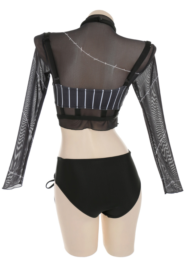Nightmare Gothic White Striped Top Black Two-Piece Swimsuit with Mesh Top Nightmare Gothic White Striped Top Black Two-Piece Swimsuit with Mesh Top