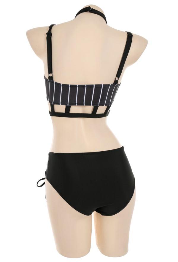 Nightmare Gothic White Striped Top Black Two-Piece Swimsuit with Mesh Top Nightmare Gothic White Striped Top Black Two-Piece Swimsuit with Mesh Top