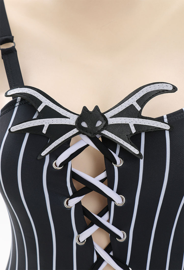 Nightmare Gothic Black and White Striped Decoration One-Piece Swimsuit with Accessories