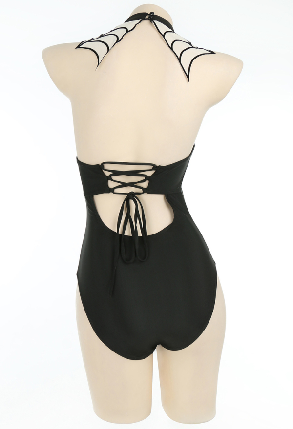 Night Spinner Cobweb Cutout Gothic Black Halter One-Piece Swimsuit
