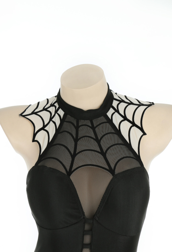 Night Spinner Cobweb Cutout Gothic Black Halter One-Piece Swimsuit