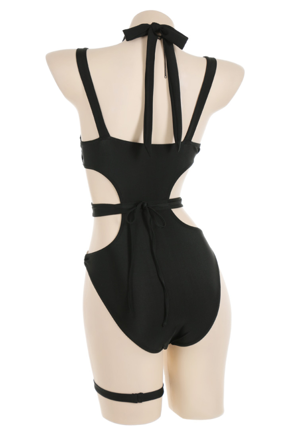 Black Cross Gothic Chest Zipper Buckle Decoration Black One Piece Swimsuit with Necklace and Leg Ring Black Cross Gothic Chest Zipper Buckle Decoration Black One Piece Swimsuit with Necklace and Leg Ring