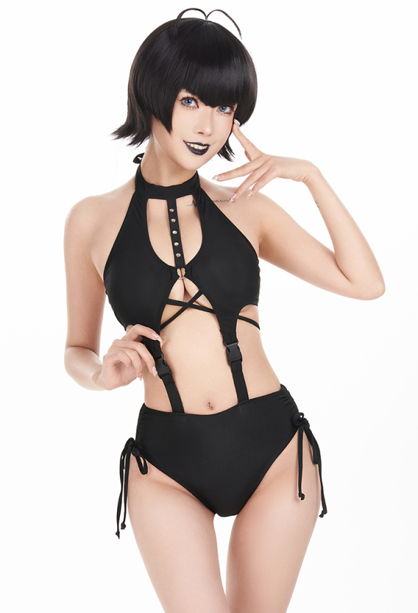 Mavy-Wavy Gothic Buckle Black Two Piece Swimsuit