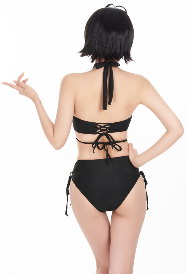Mavy-Wavy Gothic Buckle Black Two Piece Swimsuit