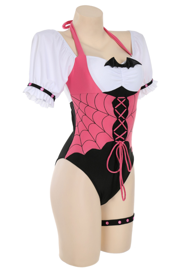 Blood Girl Gothic Pink Bat Wing One-Piece Swimsuit with Leg Ring