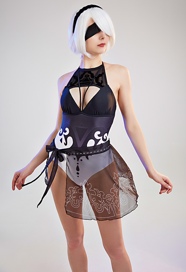 Type B Gothic Black White Chest Open Halter One-Piece Swimsuit with Wrap Skirt