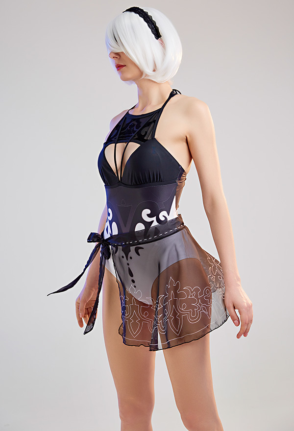 Type B Gothic Black White Chest Open Halter One-Piece Swimsuit with Wrap Skirt