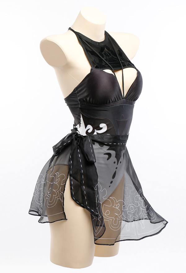 Type B Gothic Black White Chest Open Halter One-Piece Swimsuit with Wrap Skirt
