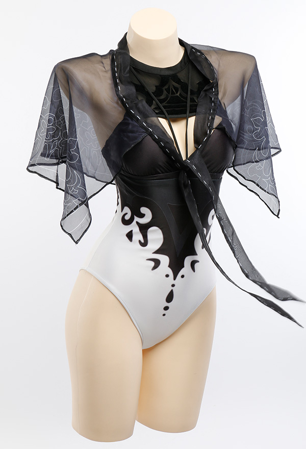 Type B Gothic Black White Chest Open Halter One-Piece Swimsuit with Wrap Skirt