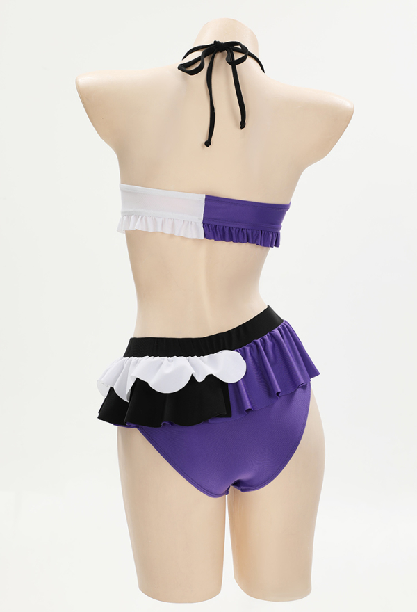 Gothic Style Black Purple Swimsuit Halter Lace-up Top and Triangle Bottoms Bathing Suit Gothic Style Black Purple Swimsuit Halter Lace-up Top and Triangle Bottoms Bathing Suit