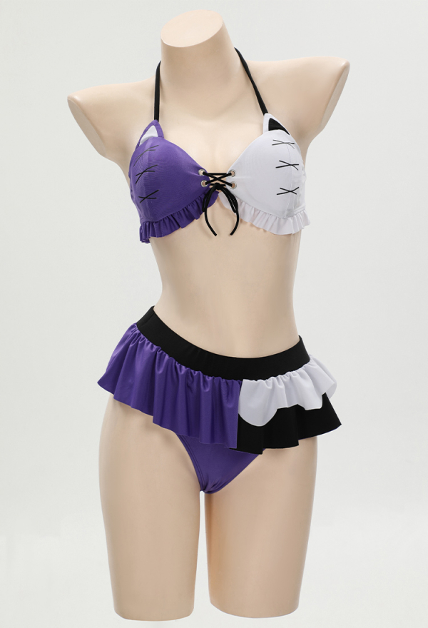 Gothic Style Black Purple Swimsuit Halter Lace-up Top and Triangle Bottoms Bathing Suit Gothic Style Black Purple Swimsuit Halter Lace-up Top and Triangle Bottoms Bathing Suit