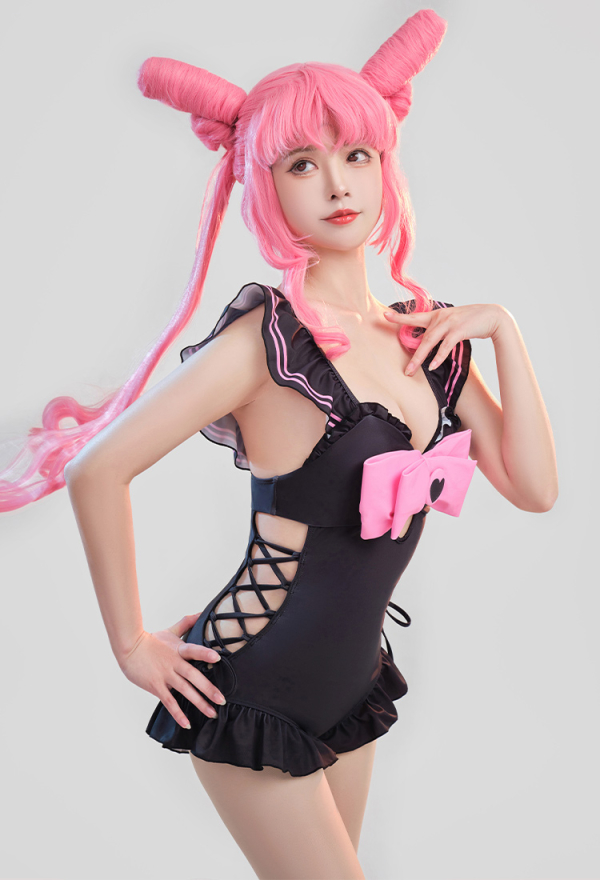 SUNDAY CANDY Kawaii Goth Girl One-piece Bathing Suit Black and Pink Bowknot Decorated Lace- up Monokini