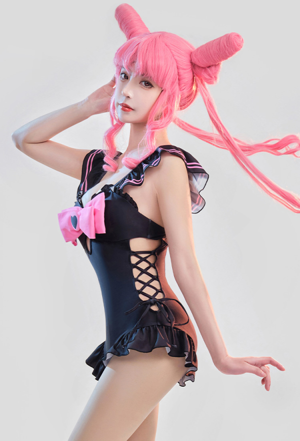 SUNDAY CANDY Kawaii Goth Girl One-piece Bathing Suit Black and Pink Bowknot Decorated Lace- up Monokini