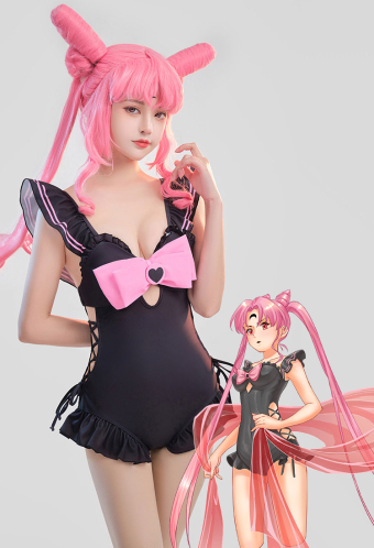 SUNDAY CANDY Kawaii Goth Girl One-piece Bathing Suit Black and Pink Bowknot Decorated Lace- up Monokini